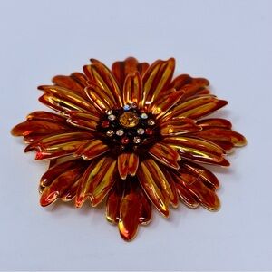 Joan Rivers Orange Gold Tone Flower Brooch Multicolor Rhinestone Cluster Signed